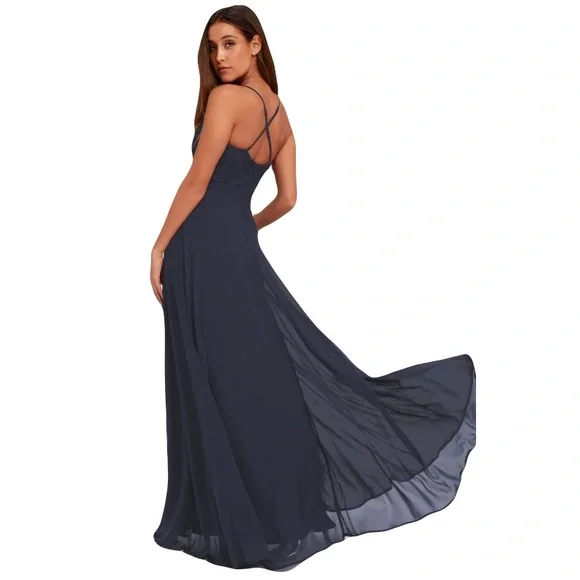 Lulu's Madalyn Navy Lace Bridesmaid Formal Black Tie Maxi Prom Dress Small  NEW